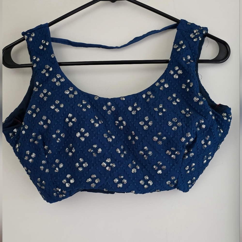 Blue Sequin Thread Embroidered Faux Georgette Lehenga Choli - Picture 9 of 15